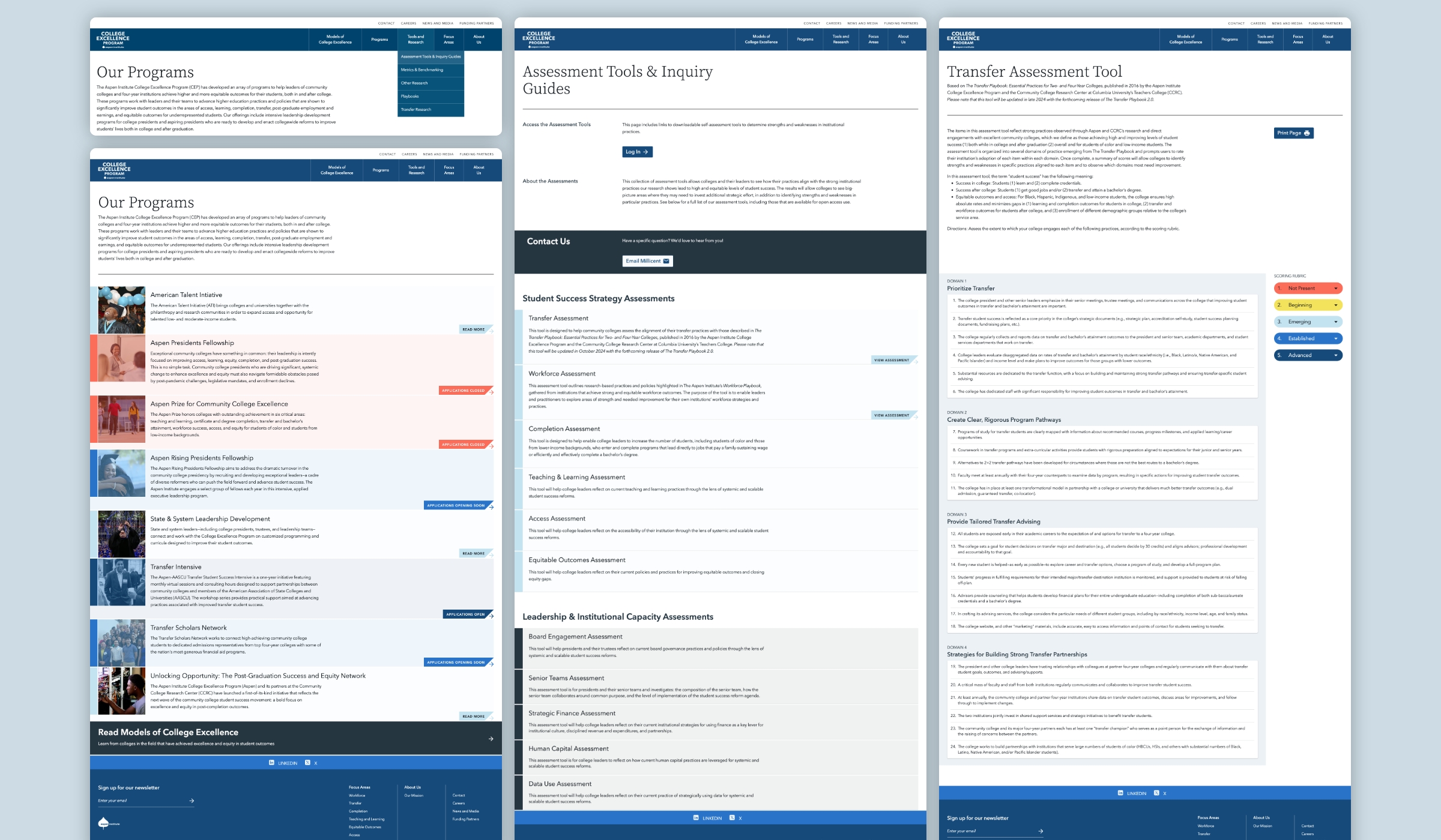 Montage image displaying multiple page views from The College Excellence Program website, highlighting the program's overview and comprehensive assessment list interfaces.