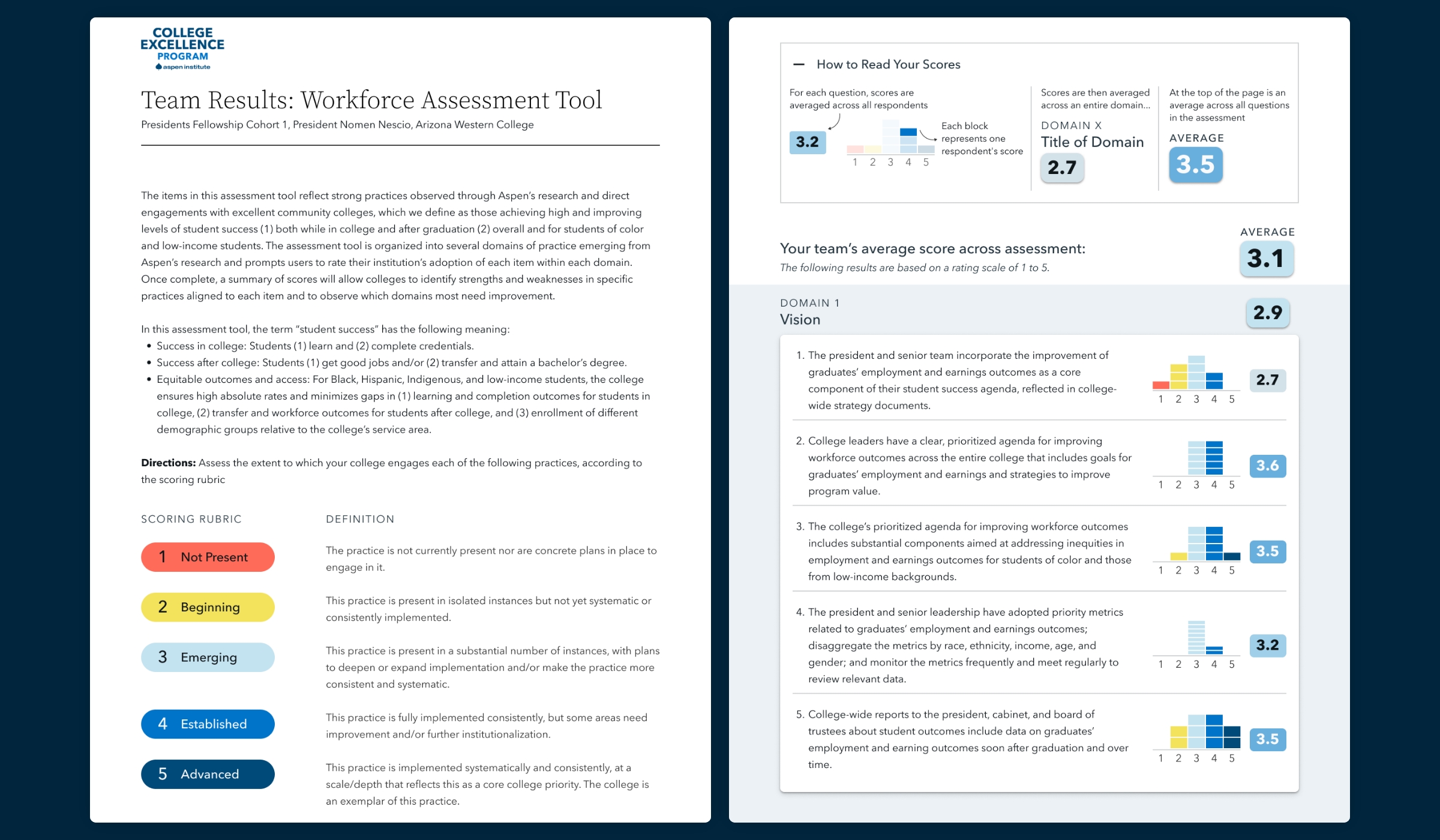 Montage of two pages of print results from an example College Practice Assessment.