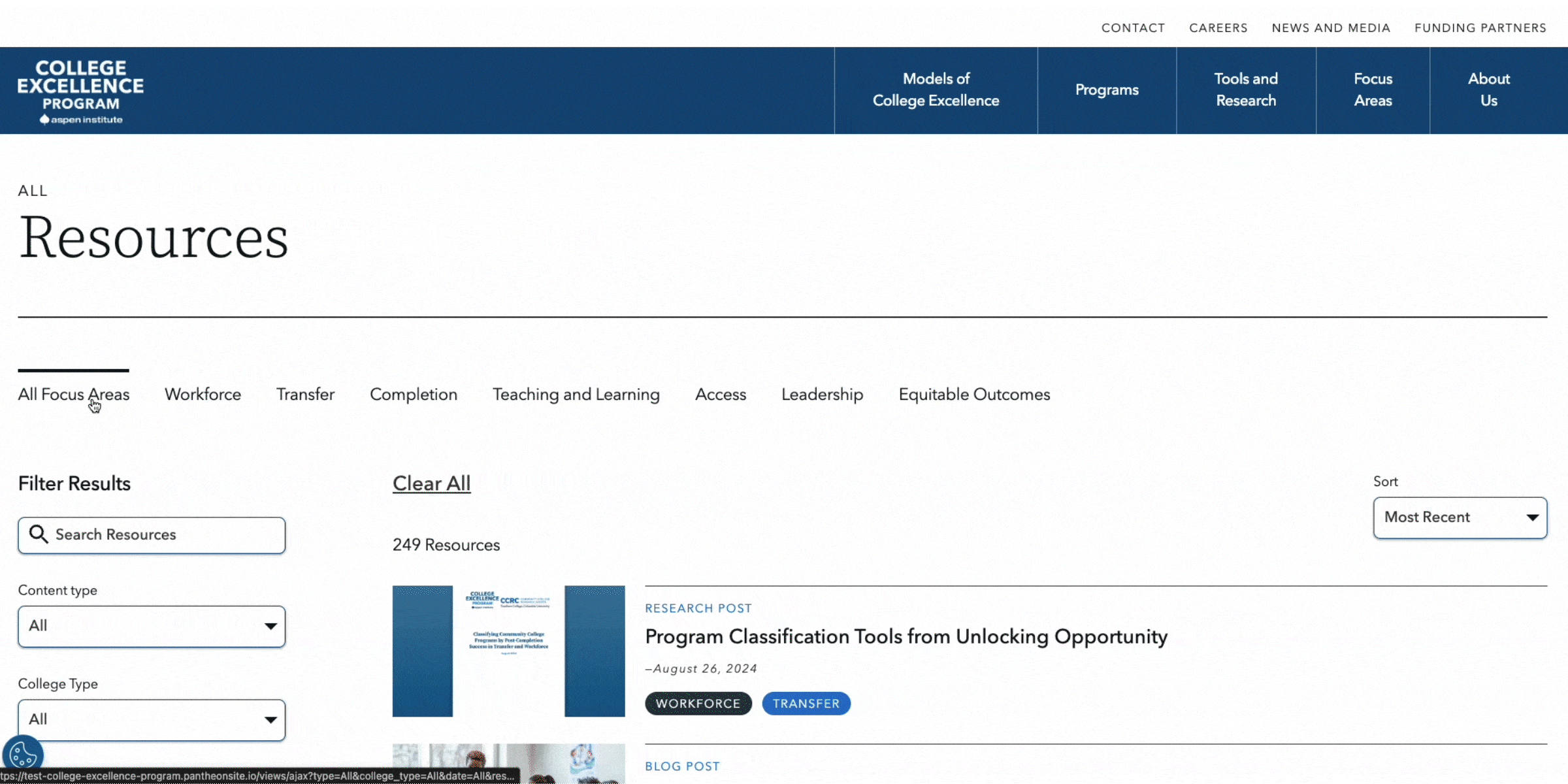 Animated GIF showcasing the Tools and Research landing page for The Aspen Institute College Excellence Program website. The GIF demonstrates a user navigating the page, using filters to refine and explore various resource options.