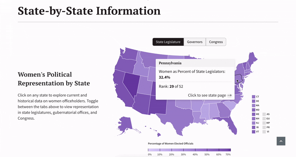 Animated GIF of the State-by-State Information map on the CAWP website designed and built by Graphicacy