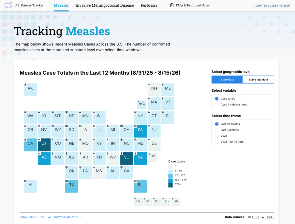 Hero image of U.S. Disease Tracker tool designed and built by Graphicacy for Johns Hopkins University.