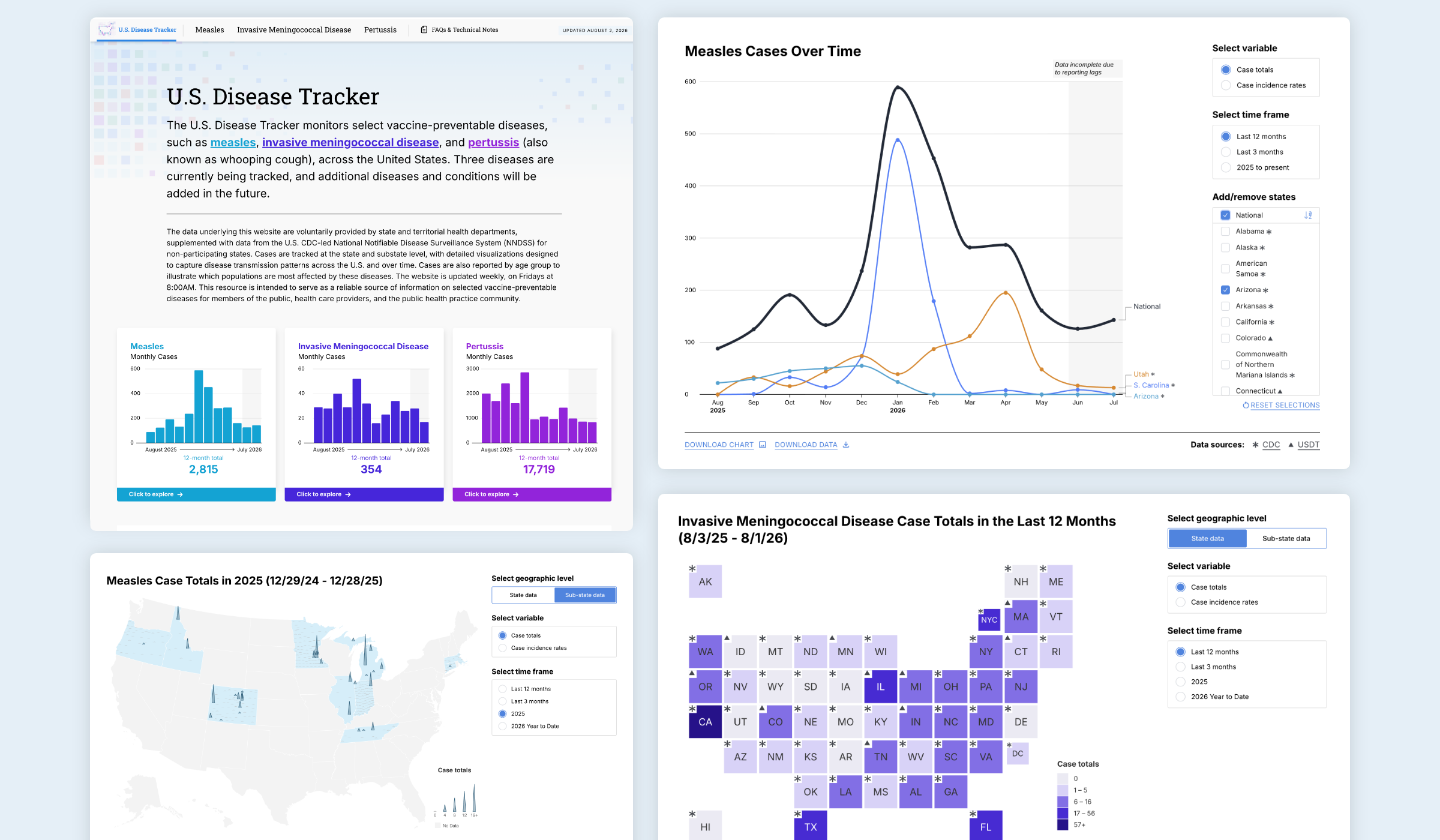 Montage image of U.S. Disease Tracker tool designed and built by Graphicacy for Johns Hopkins University.