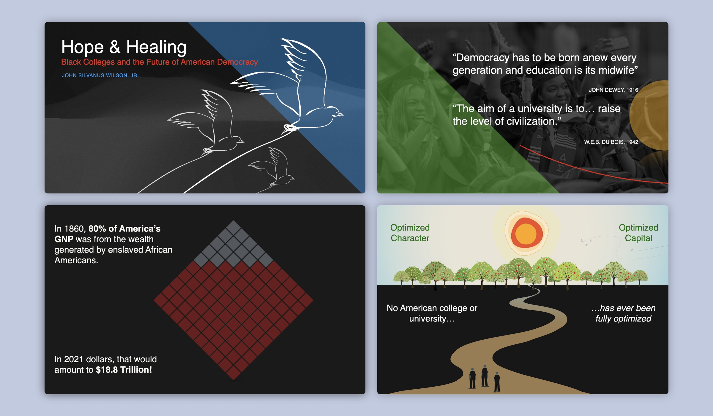 Montage of four images from the Visualizing the Vital History and Future of HBCUs in America project, designed by Graphicacy for John Silvanus Wilson, Jr.