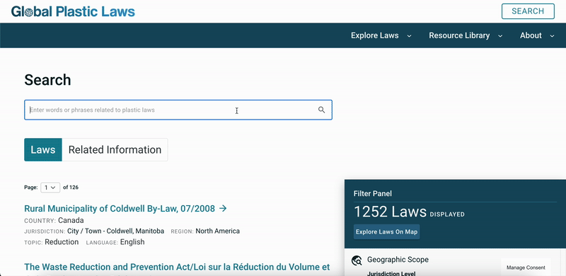 Animated GIF showing a potential user flow through the Search Page on Global Plastic Laws.