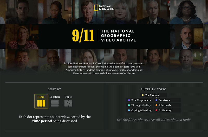Animated GIF of a user interacting with the Video Archive site. It shows a user moving their mouse over the timeline view, clicking on a dot to open the Video player view. They then exit out of the video player view and move to the locations view