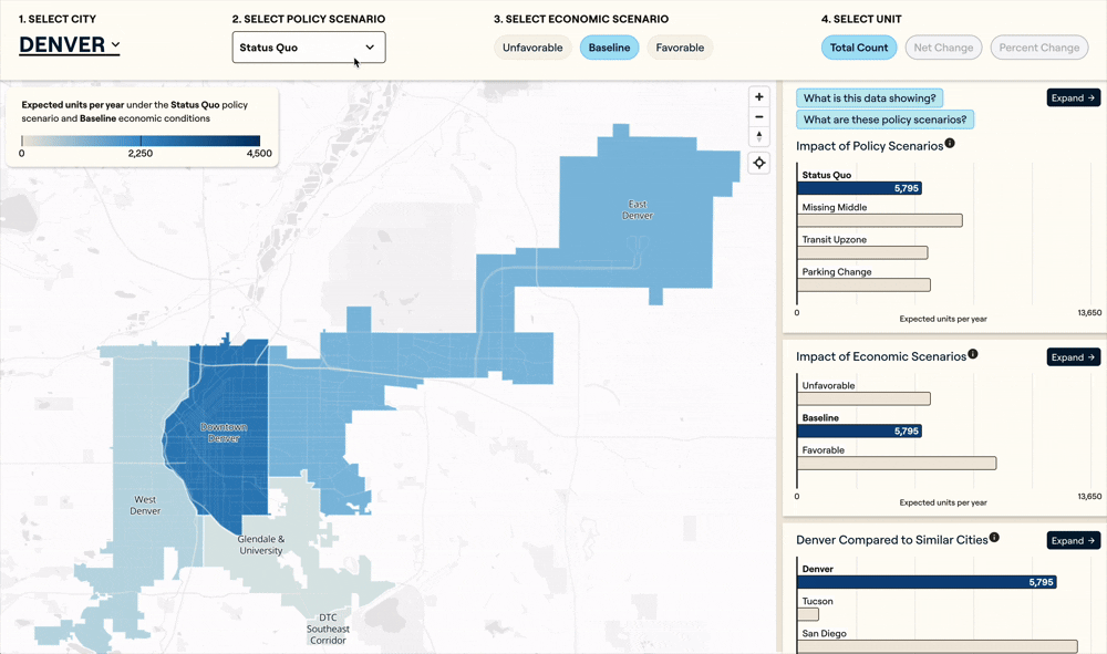 Animated walkthrough of Denver for the Housing Policy Simulator project for Terner Labs designed and built by Graphicacy.