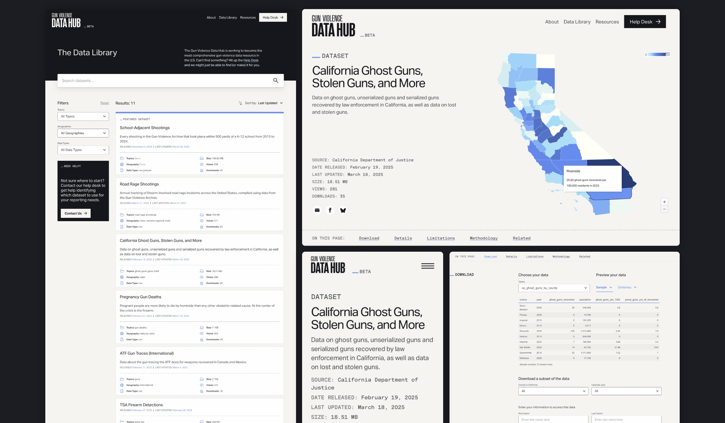 Montage image of the Data Library and Dataset Pages on the Gun Violence Data Hub designed and built by Graphicacy for the Trace.
