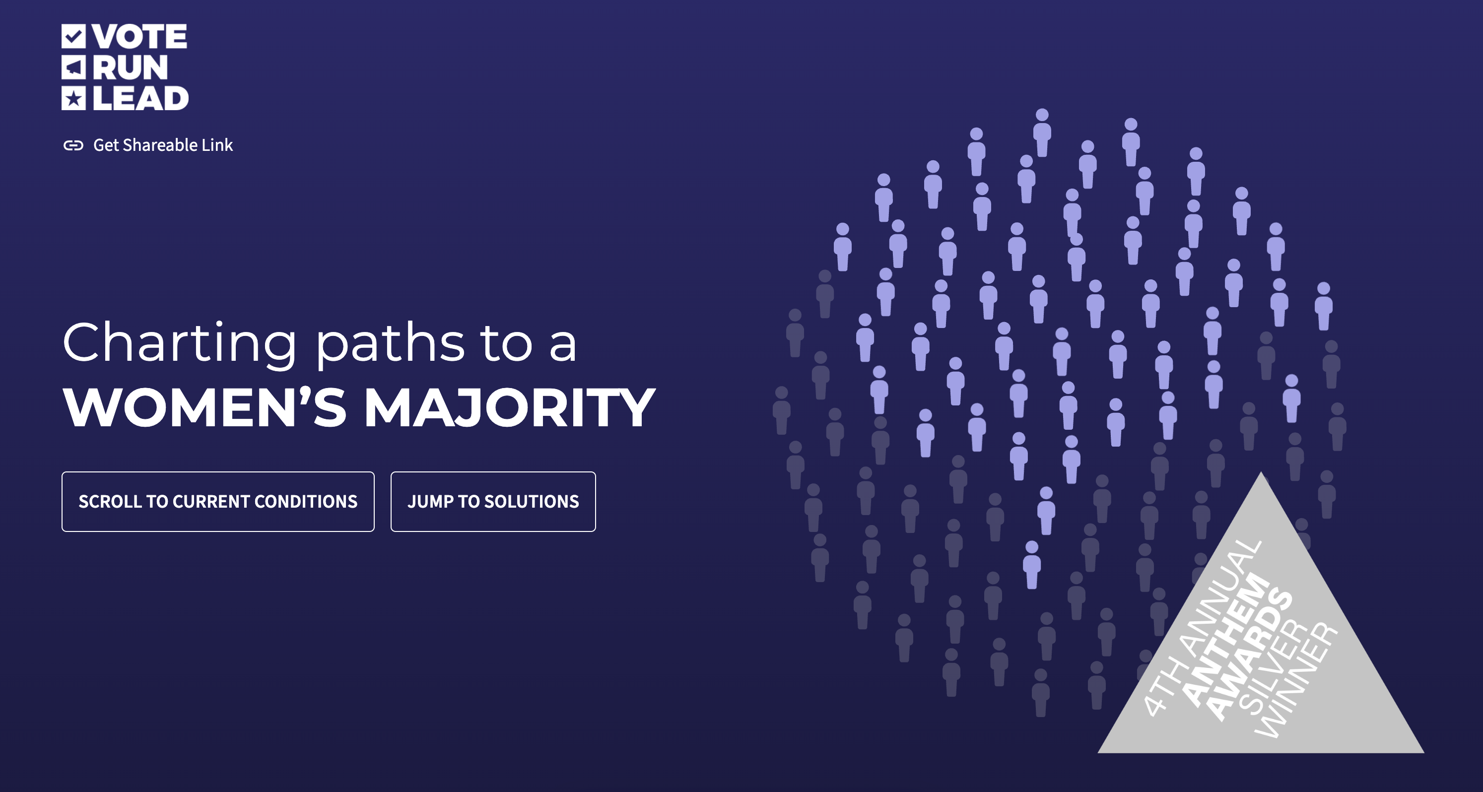 The first fold, hero image of the project 'Charting Paths to a Women's Majority' provides two action buttons for a user to 