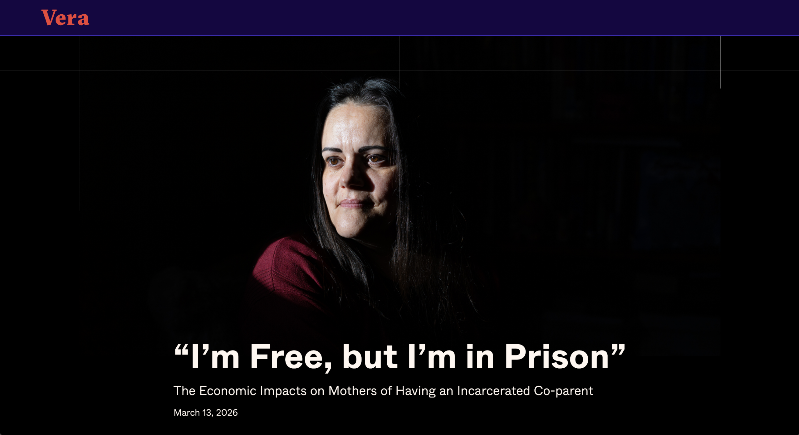 Hero image in the Vera Institute's data story titled: “I’m Free, but I’m in Prison” The Economic Impacts on Mothers of Having an Incarcerated Co-parent. Designed and built by Graphicacy.