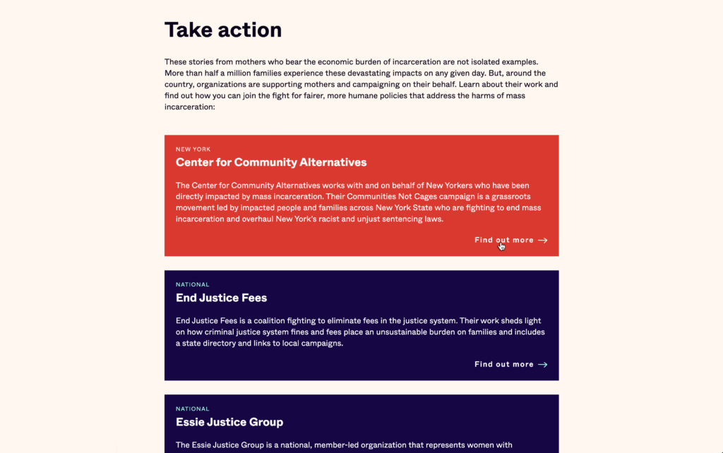 Image of the Take action final section in Vera Institute's data story titled: “I’m Free, but I’m in Prison” The Economic Impacts on Mothers of Having an Incarcerated Co-parent. Designed and built by Graphicacy.