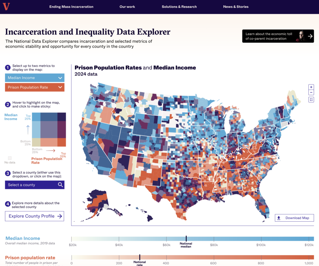 Screenshot of the landing page for Vera Institute's Incarceration and Inequality Data Explorer. It shows a bivariate map, a map with two data layers, overlaying Incarceration with Median Income.