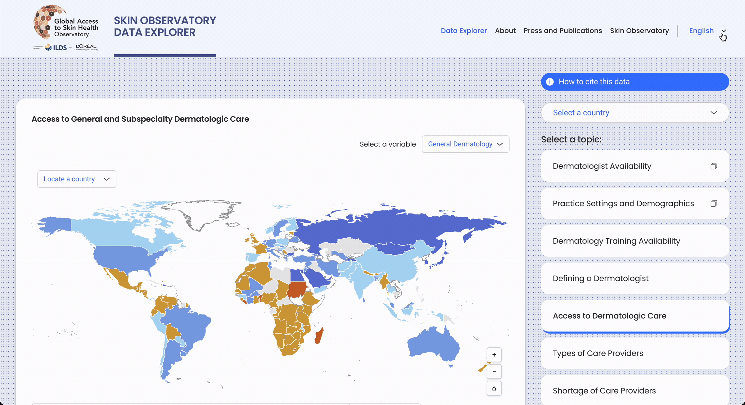 Animated GIF showing a user interacting with the ILDS Data Explorer project. It shows a user navigating across different Topic views, and using the translation feature